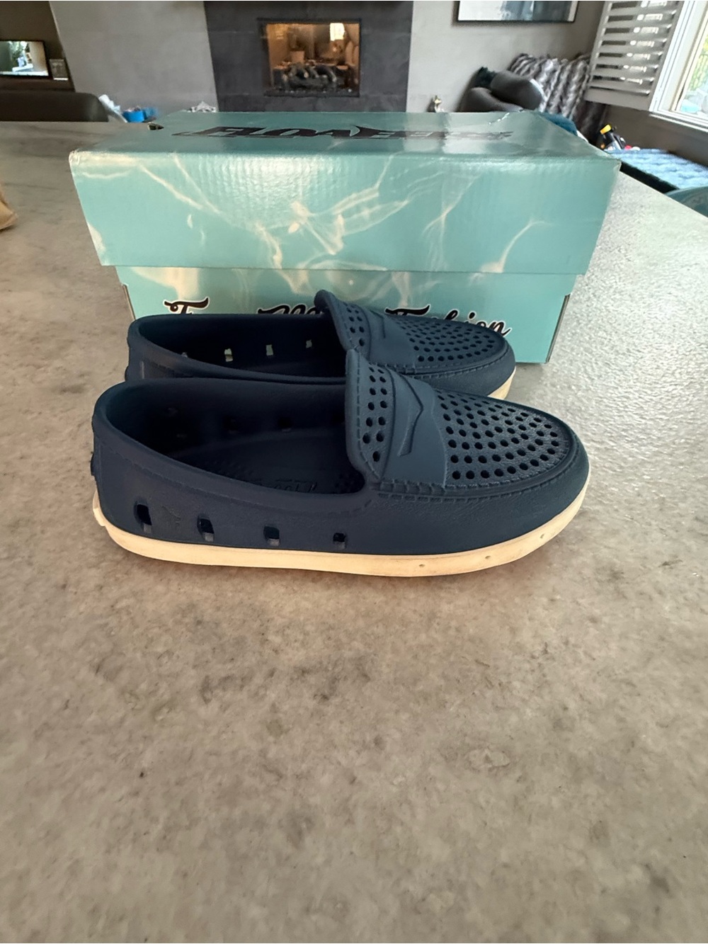 Kids Navy Perforated Slip-On Moccasins